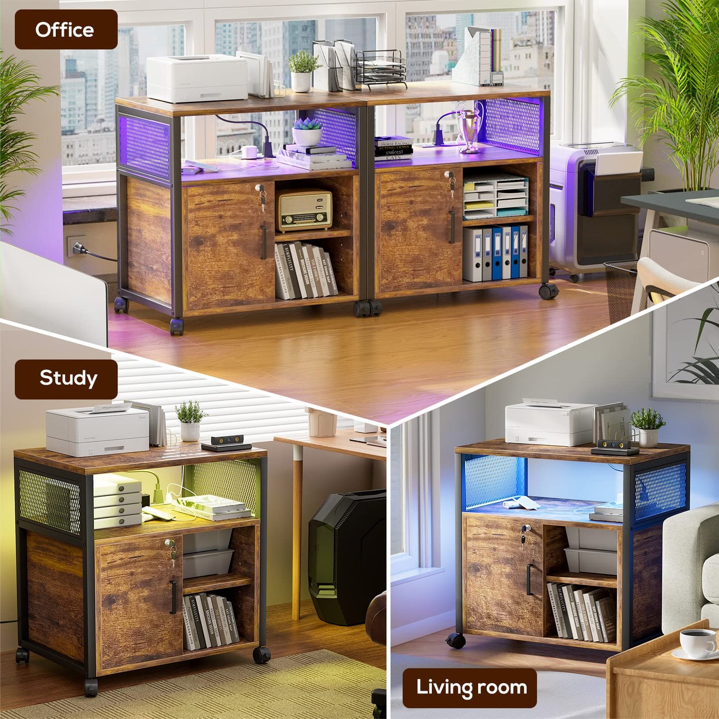 Unikito File Cabinet with LED Lights and Power Outlets, Rolling Printer Stand with Storage and USB Charging Ports, Lateral Office Filing Cabinet for Letter, A4, Legal and File Folders, Rustic Brown
