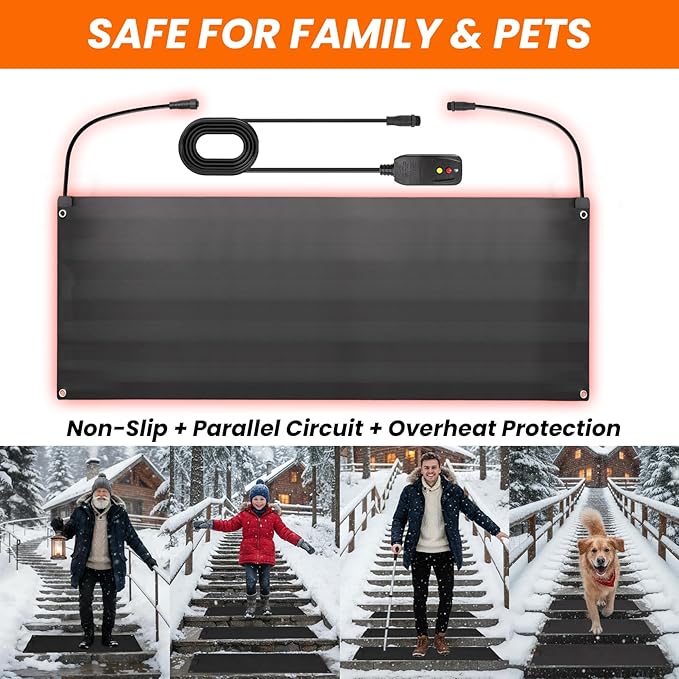 Graphene Snow Melting Mats for Stairs,Non-Slip Rubber Heated Walkway Mat,Fast Ice Melt 3 in/h,Safe & Energy Saving with Extended 50cm Cord,20"x60" with Plug