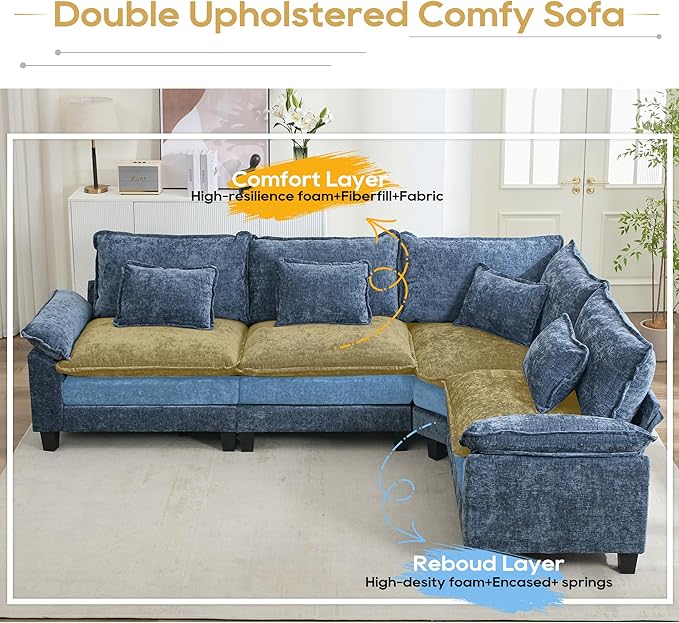 URRED Cloud Couch Modular Sectional Sofa, 116" Modern L Shaped Deep Seat Sofa with Pillows, Ultra Comfy Chenille Corner Couches for Living Room, Bedroom or Apartment, Blue