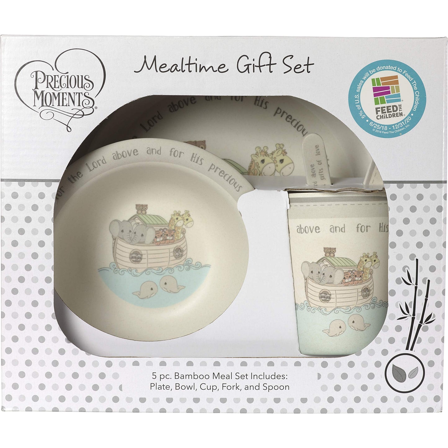 Precious Moments Noah's Ark Bamboo Toddler Mealtime Feeding and Dinnerware Set of 5, 182433