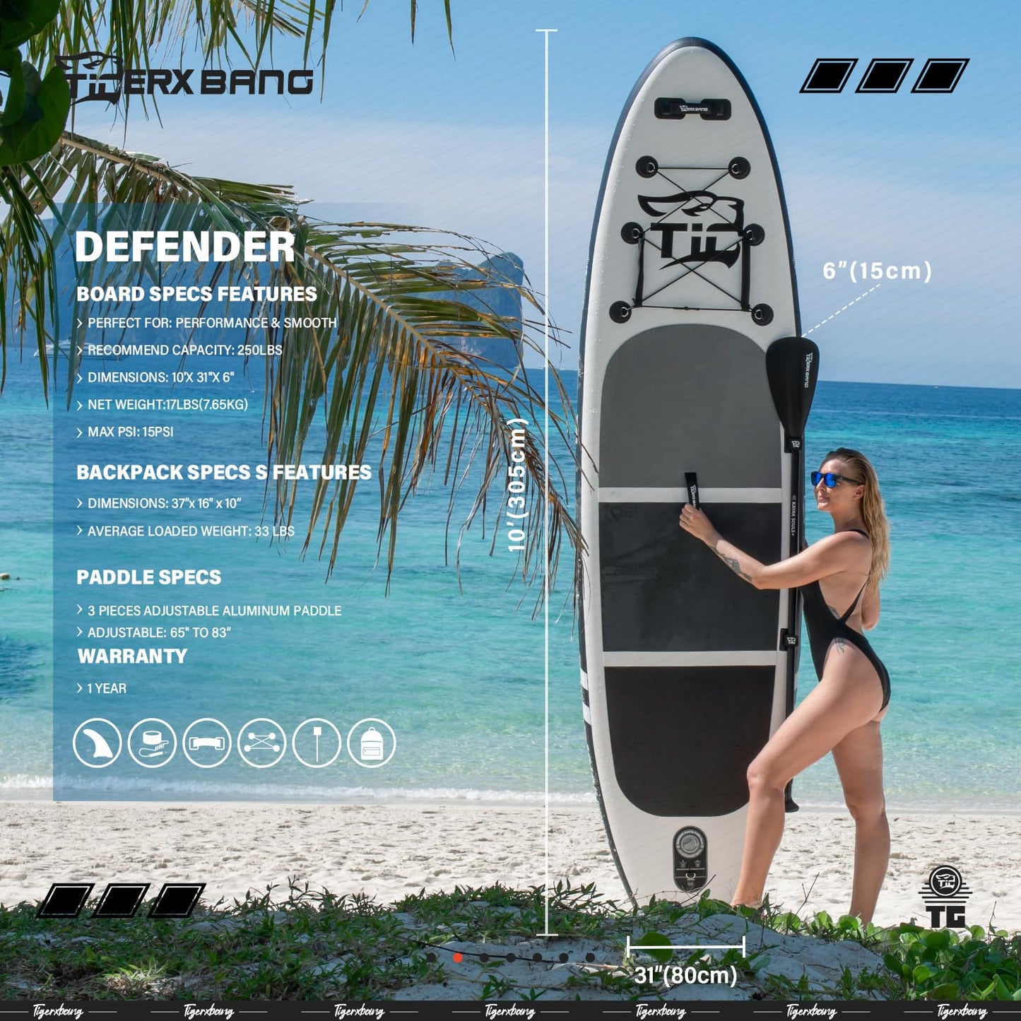 TIGERXBANG Inflatable Stand Up Paddle Boards with Premium SUP Board Accessories, Allround Paddle Boards for Adults/Youth,Defender Collection Black