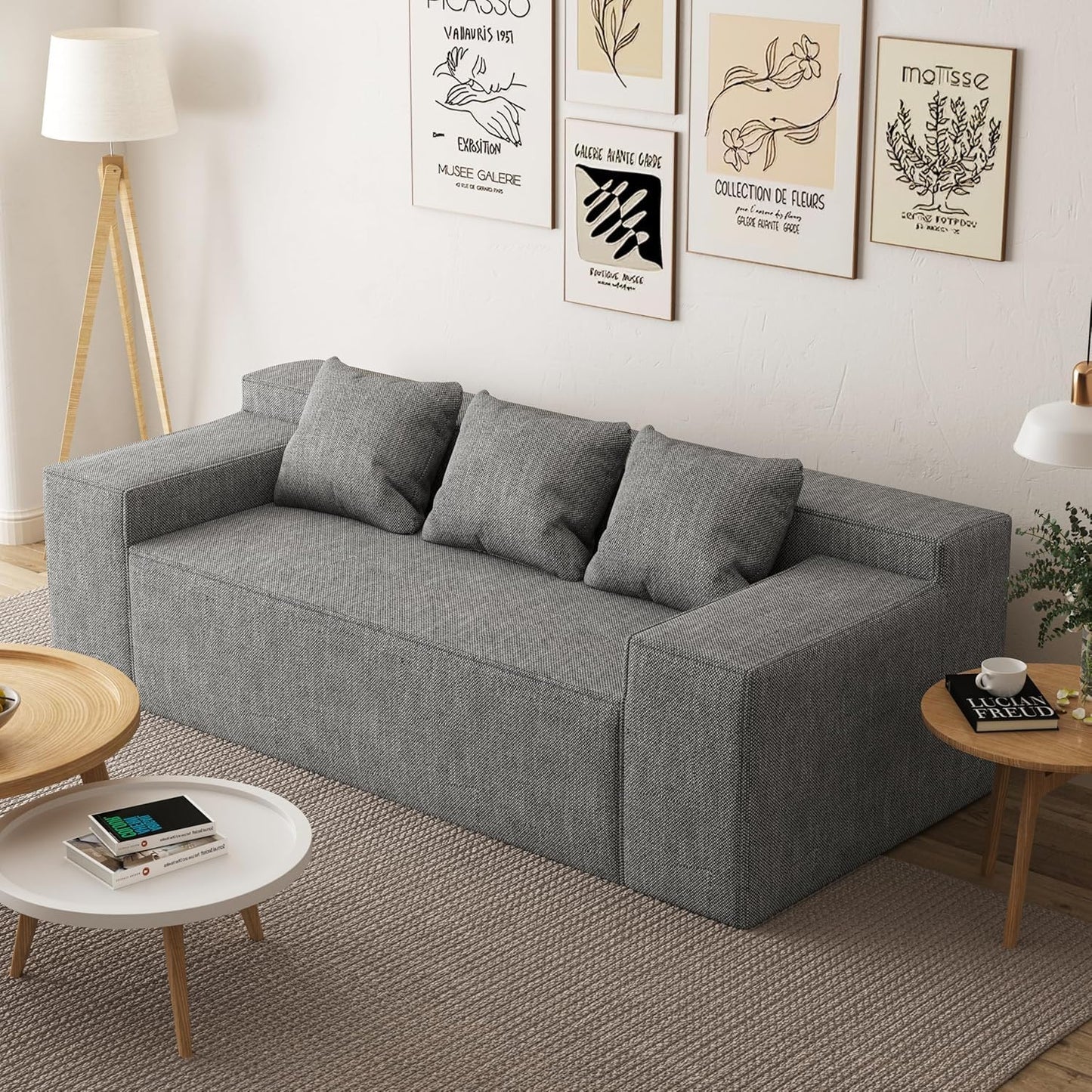 Modular Sectional Sofa, 3 Seater 105" Deep Seat Corduroy Lounge Sofa with Movable Cushions, Modular Couch for Small Spaces, Living Room, Bedroom, Apartment, Office - Gery