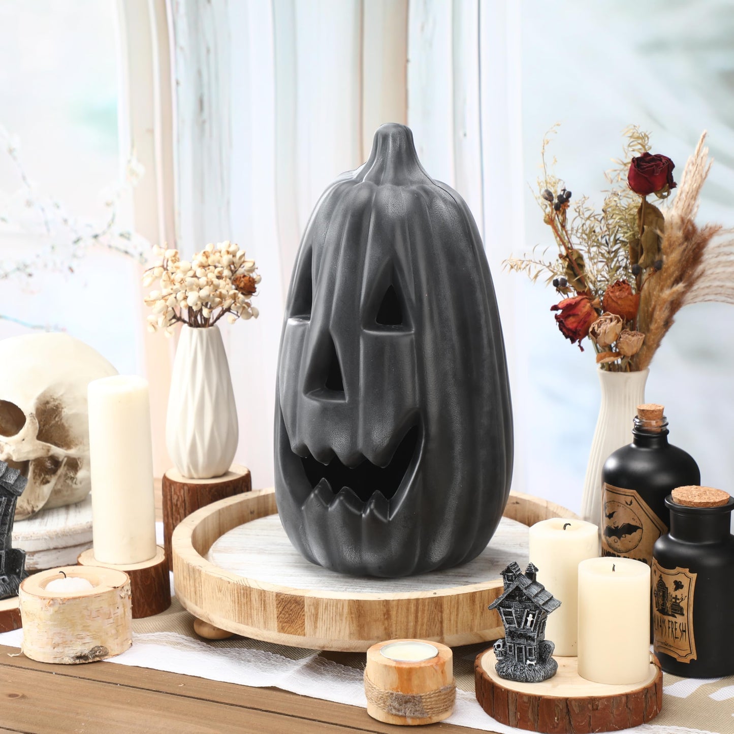 Jingmore 13.4 Inch Black Pumpkin Decoration Large Plastic Jack O' Lantern Reusable Carved Pumpkin Lantern for Thanksgiving Halloween Fall Indoor Outdoor Decor Party Centerpiece