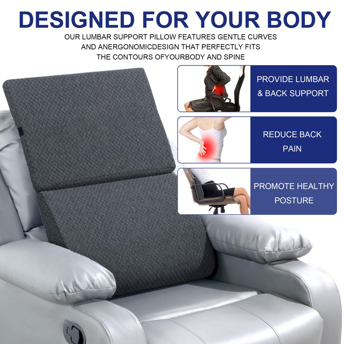HOMBYS Adjustable Lumbar Support Pillow for Recliner,Multifunctional Memory Foam Back Support Pillow for Recliner,Big Chair Back Support,Back Support Cushion for Office Chair/Car,20"x13.8"x5"