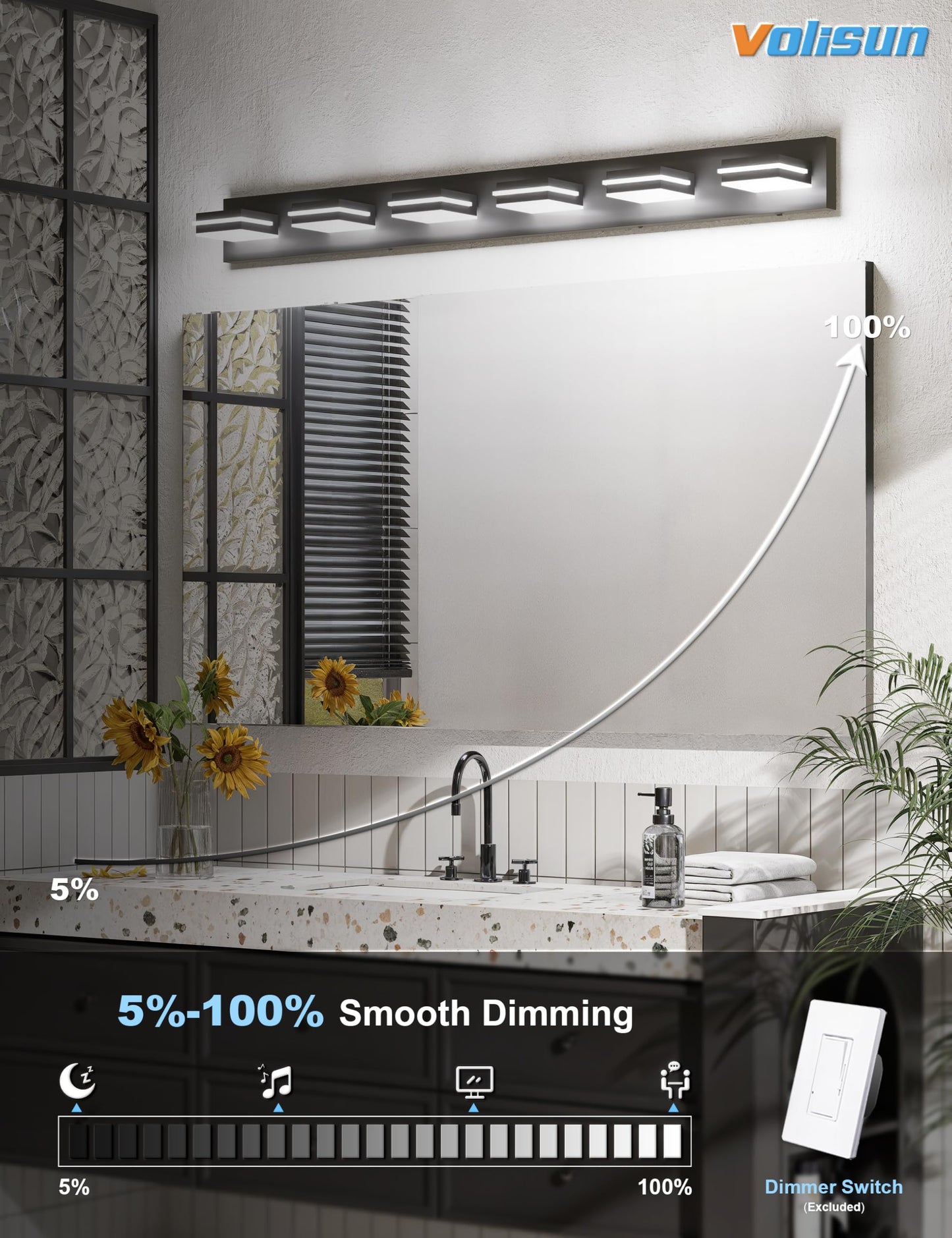 VOLISUN 5CCT Bathroom Light Fixtures Over Mirror, Dimmable, 360°Rotatable Head, 48 inch, 6 Light Bathroom Vanity Light Fixtures, Black LED Vanity Lights for Bathrooms-ETL Certificated