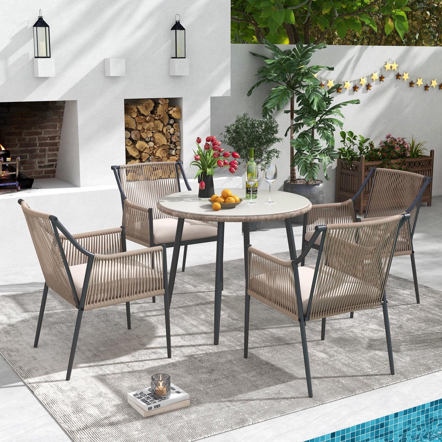 Patiorama 5-Piece Patio Dining Set, Outdoor Dining Table Chair Set, All-Weather Embossed Rattan Wicker Rope Conversation Set, Patio Furniture Set w/Umbrella Hole, 4 Cushioned Chairs&Glass Table(Beige)