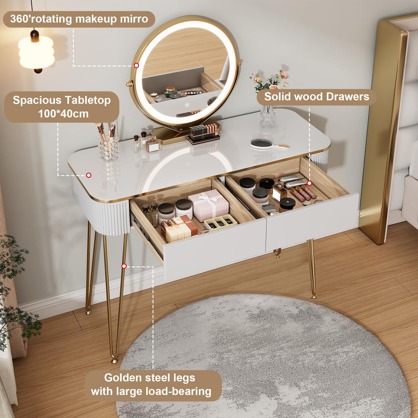 KDCAS Modern Vanity Desk with Mirror and Lights, 39" White and Gold Makeup Vanity Table with 2 Storage Drawers, Stylish Gold Dressing Table for Small Spaces & Bedroom