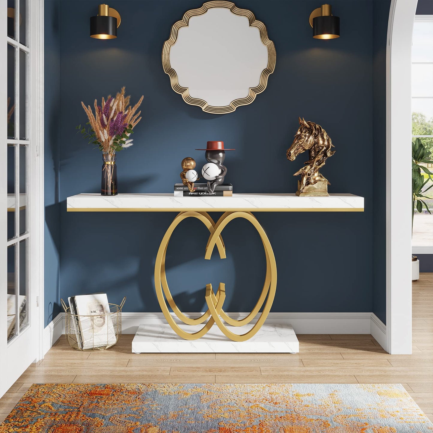 Tribesigns 55 Inch Console Table for Hallway, Faux Marble Gold Entryway Table with Geometric Metal Base, Modern Narrow Sofa Accent Table for Entrance, Living Room, Foyer (White & Gold)