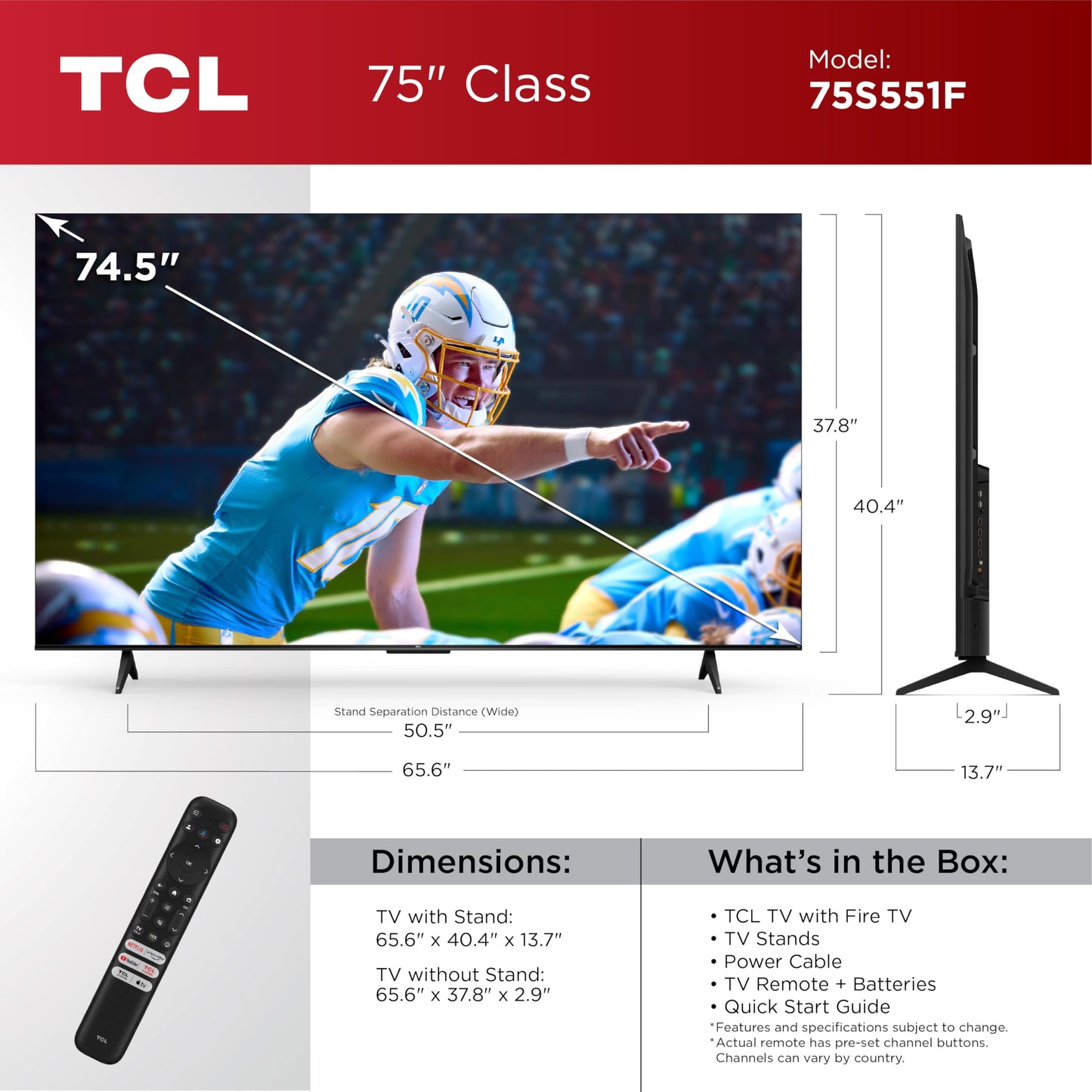 TCL 75-Inch Class S5 UHD 4K LED Smart TV with Fire TV (75S551F, 2024 Model), Dolby Vision and Atmos, HDR PRO+, Alexa Built-in with Voice Remote, Apple AirPlay 2 Compatibility, Streaming Television