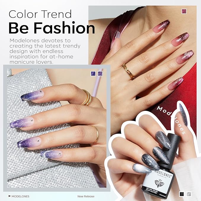 Modelones Cat Eye Gel Nail Polish Set, 6 Colors Fall Winter 9D Glassy Cat Eye Glitter Gel Polish Black Red Purple Blue Silver Brown Nail Polish with Magnet Soak Off LED DIY Salon Gift