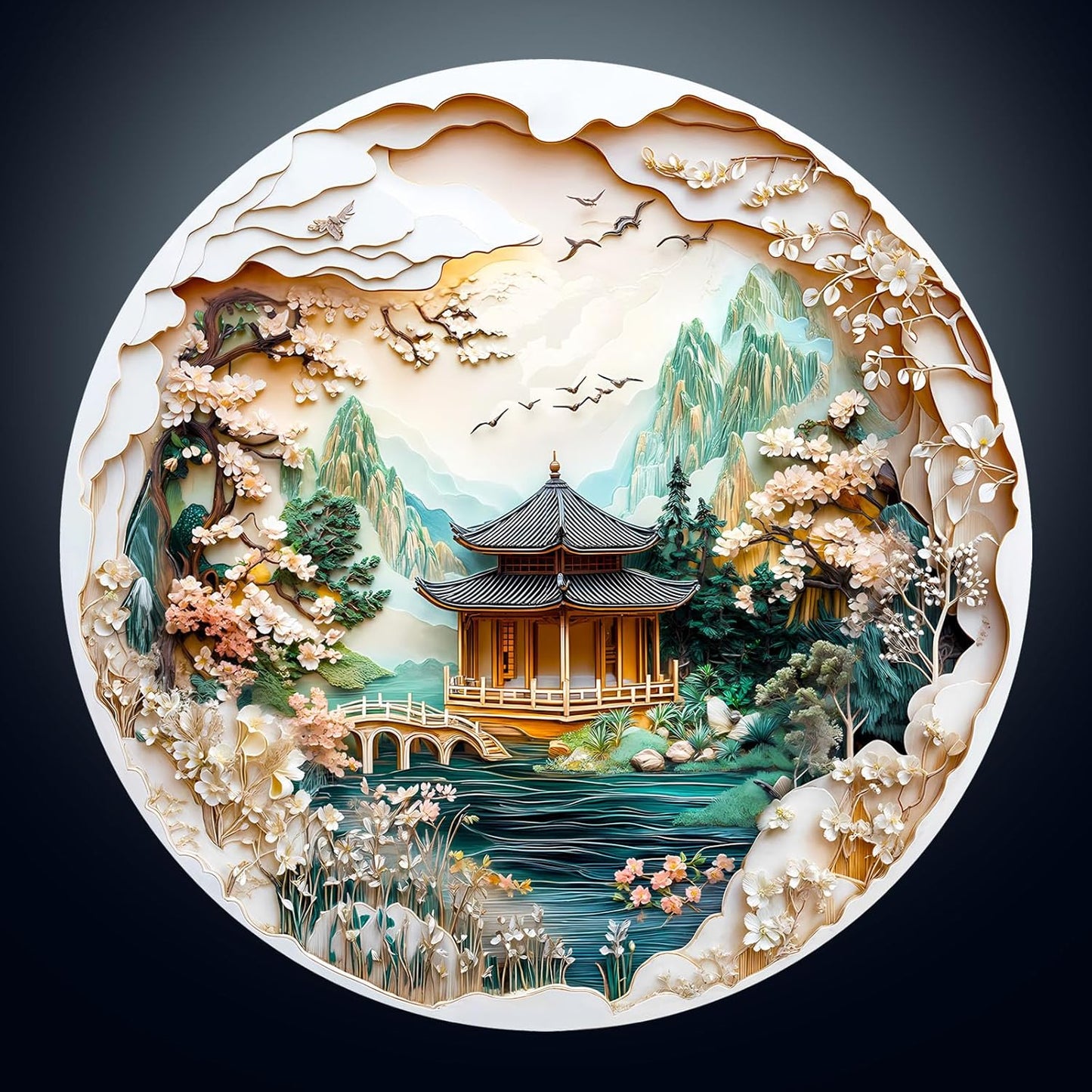 KAAYEE Wooden Puzzles for Adults, 3D Visual Effect Chinese Landscape Painting Wooden Jigsaw Puzzle Unique Shape Wood Puzzle Adult, 3D Effect Flat Puzzle Birthday Family Games (M-11.4*11.4 in-200pcs)