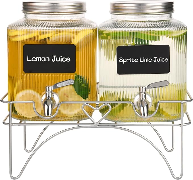 Lulonpon 2 x 4L(1.06 Gallon) Glass Drink Dispenser, Beverage Dispenser with Stainless Tap, Glass Water Juice Dispensers wi...