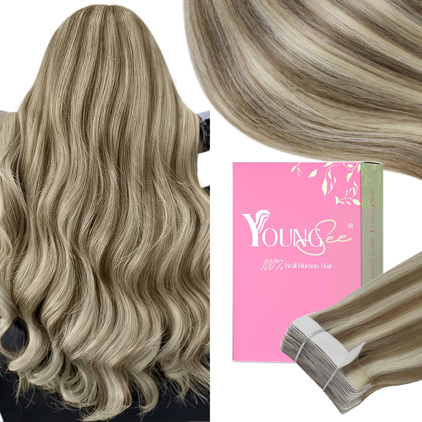 YoungSee Tape in Hair Extensions Human Hair Brown Highlight Tape ins Human Hair Extensions Highlight Light Brown with Blonde Sea