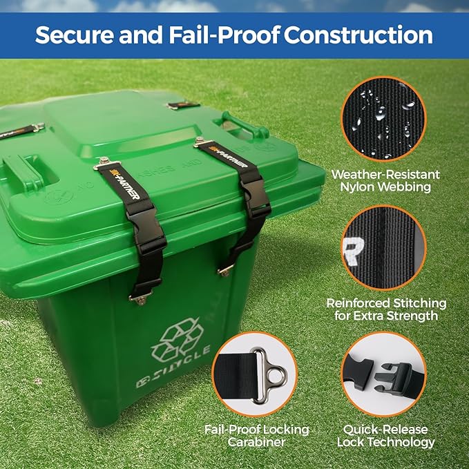 2PCS Heavy-Duty Bear Proof Trash Can Locks - Animal-Proof Garbage Can Lid Straps for 28-96 Gallon Outdoor Bins, Secure Locking Buckle Against Raccoons & Wildlife
