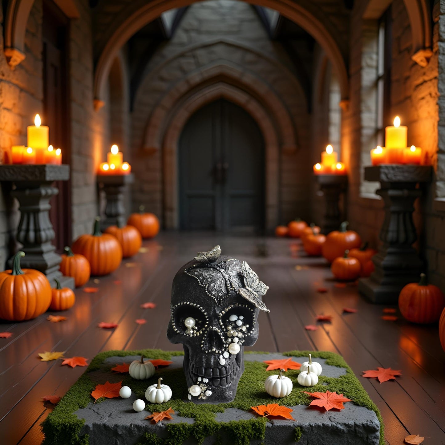 LAIKEARTS Resin Skull Head Decor Statue, Life Size Skull Halloween Decoration Home Decor Party Decorations,Skull Collectible Figurines,Adult Head Bone Model,Halloween Statue（Black）