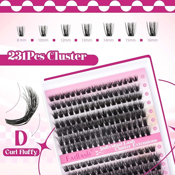 FADLASH Lash Clusters 80D+100D Fluffy Eyelash Clusters 8-16mm Individual Lashes Cluster Eyelash Extensions 3D Effect Wispy 280pcs Thick Lash Extension Clusters (80D+100D-0.07-D, 8-16mm)
