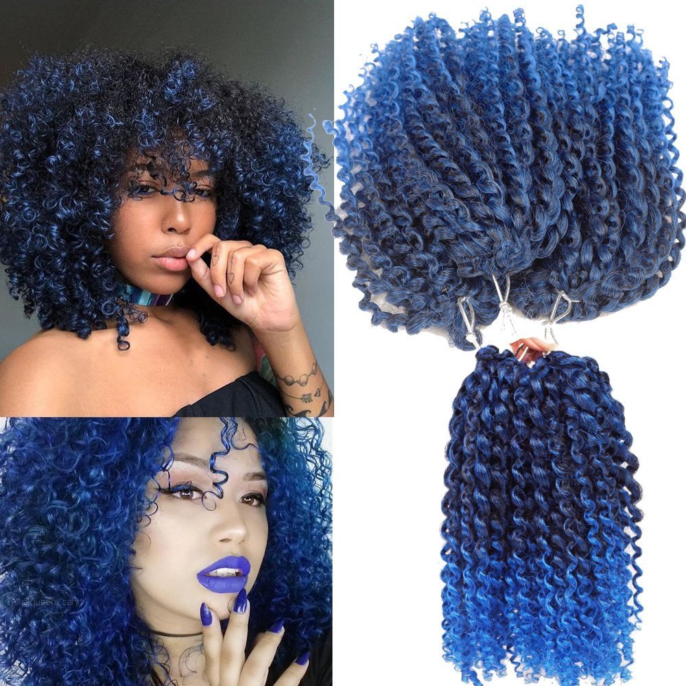 Short Hair Style Kinky Curl Ombre Color Blue 8Inch 3little pcs/pack Afro Kinky Twist Hair Crochet Braids Soft Synthetic Crochet