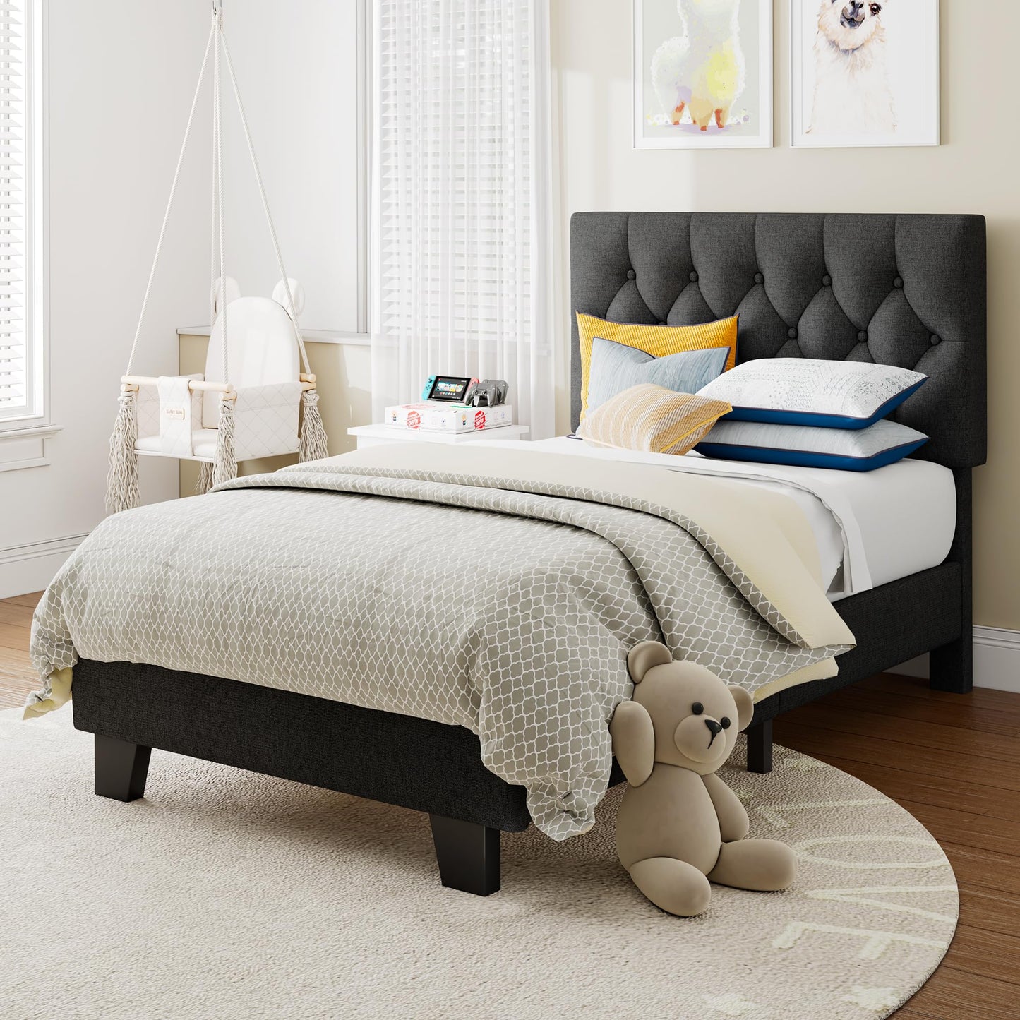 Einhomn Twin Upholstered Bed Frame with Headboard, Button Tufted Linen Bed Base, Platform Bed with Wood Slat Support, Noise Free, Heavy Duty, Easy Assembly, No Box Spring Needed, Dark Grey