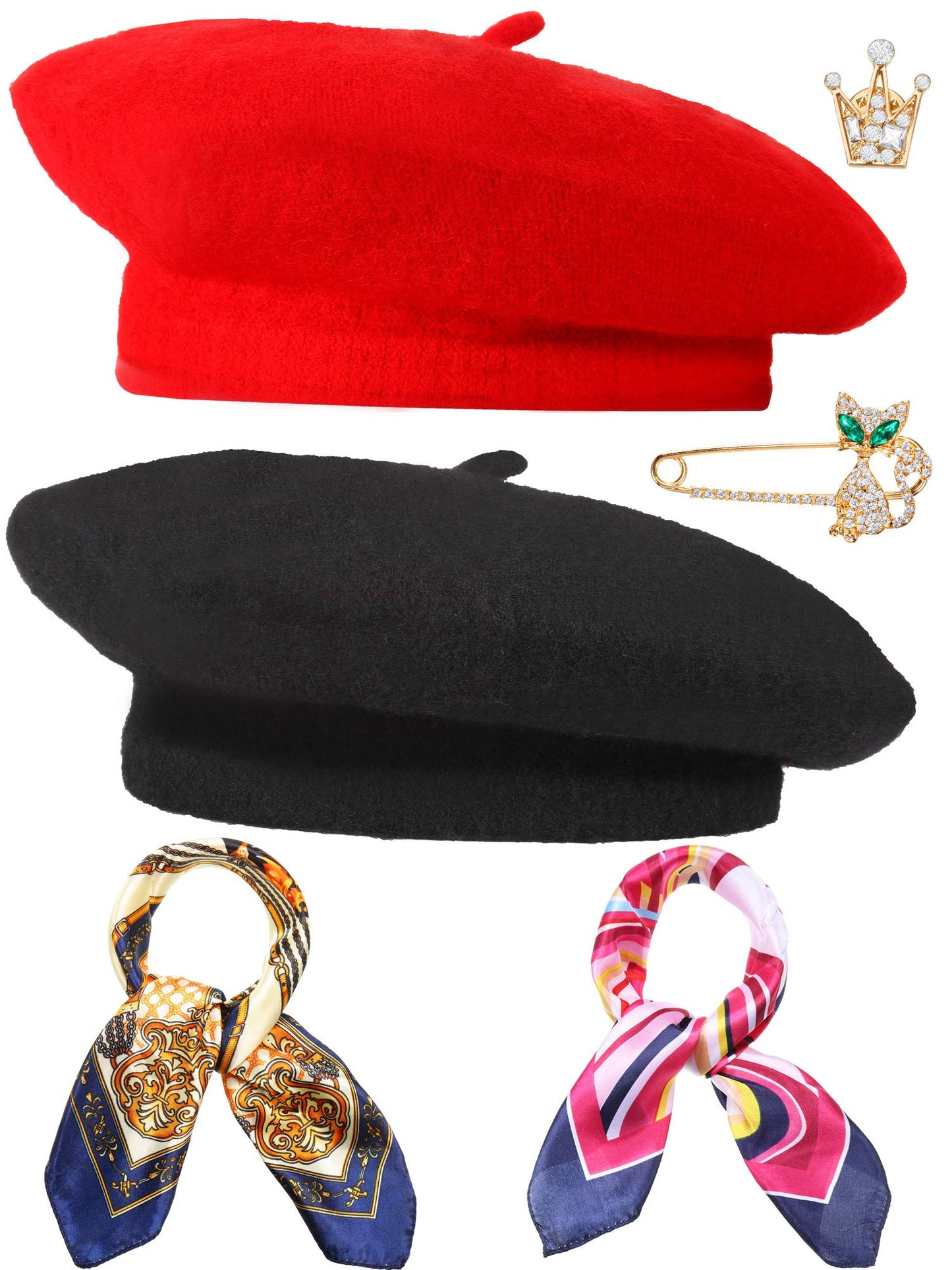 SATINIOR 6 Pieces Wool Beret Hat with Silky Scarf Brooch Solid Color French Beanie Hat for Women(Black and Red)