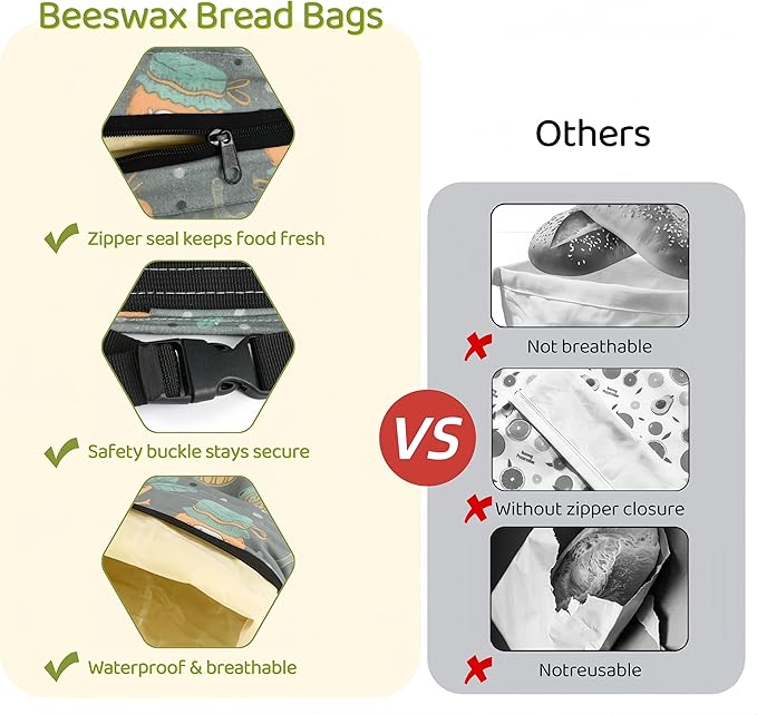 2 Pack XL Beeswax Bread Bags with Zipper Seal – Reusable Cotton Linen Waxed Bread Bags for Homemade Bread, Sourdough Storage, Eco-Friendly Bees Wax Bag Alternative to Plastic (2)