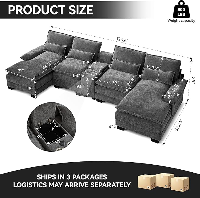 125" U Shaped Cloud Modular Sectional Couch for Living Room, Small Comfy Chenille Sofa with Double Chaise Lounge, Storage Central Console, Cup Holders, USB Port,Grey