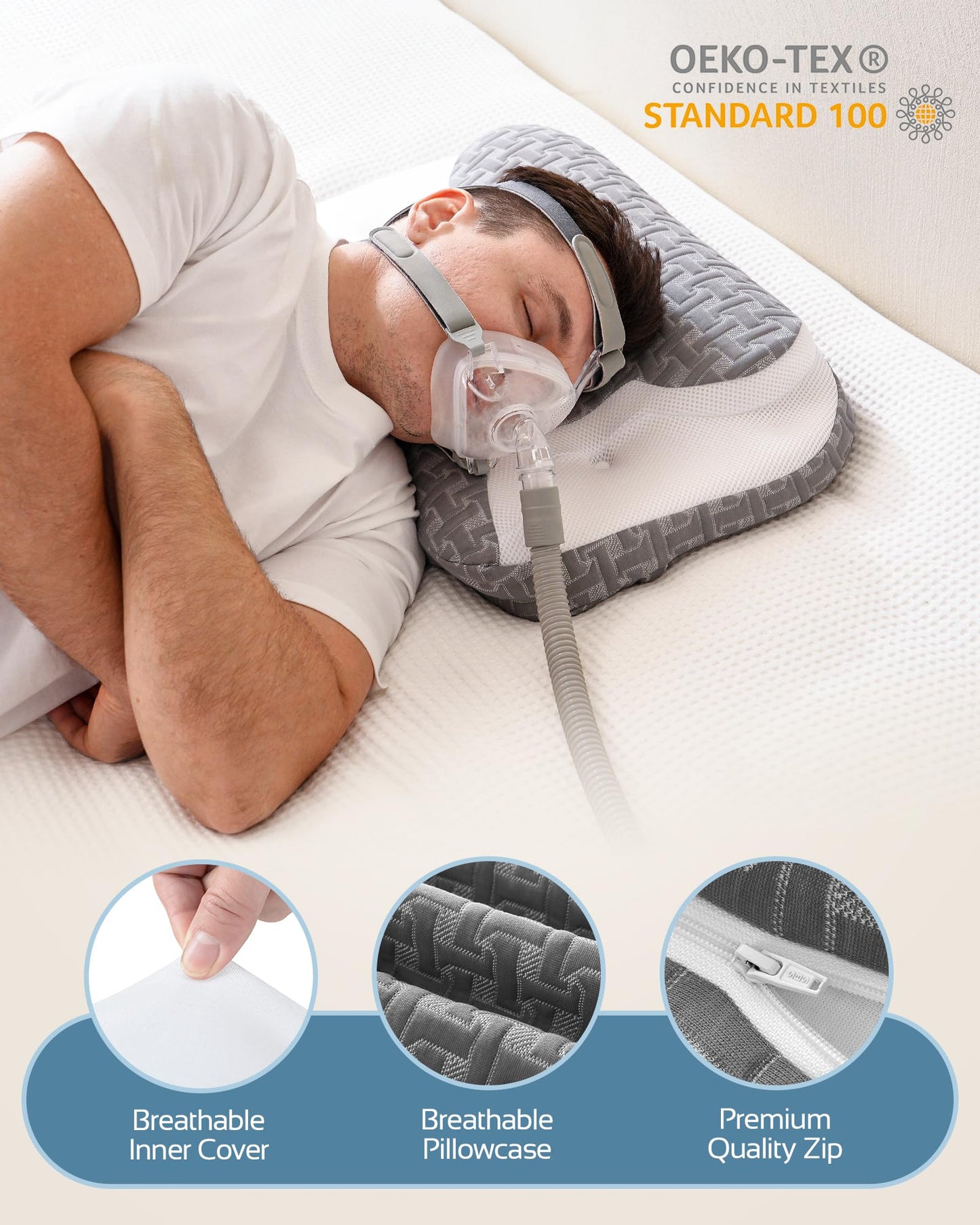 Joynox Cervical Neck Pillow for Cpap Users, Memory Foam Sleep Apnea Pillow, Ergonomic Adjustable Cpap Pillows for Side and Back Sleepers, Reducing Air Leaks and Mask Pressure