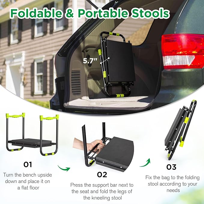 LOENIY 10.8” Wide Garden Kneeler and Seat, Heavy Duty Foldable Gardening Stool with Tool Belt Pouch, Portable Gardening Bench Chair for Seniors & Parents, Non-Slip & Easy Grip Design