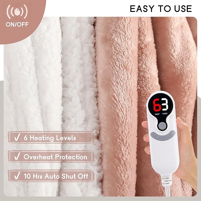 Heated Blanket Electric Throw Size 50''x60'' with 9 Heating Levels, 3 Hour Auto Shut Off, Machine Washable, Flannel & Sherpa Double-Sided Soft Warming Blanket for Couch, Bed, Office - Cozy Pink