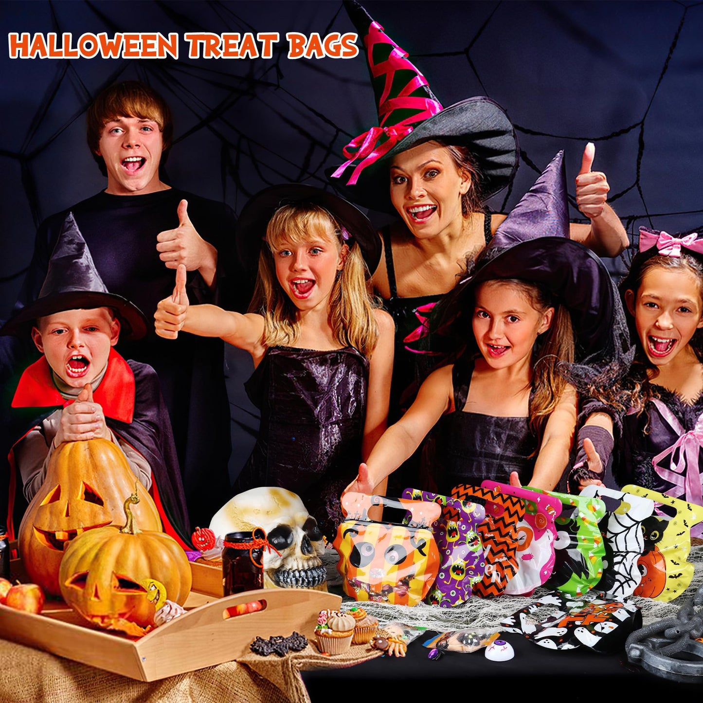 POPGIFTU 56 Pcs Halloween Goodie Bags with Handles - 8 Designs Resealable Treat Pouches for Candy, Snacks, Cookies, Bulk Trick or Treat Bags for Kids Party Favors & Classroom Halloween Supplies