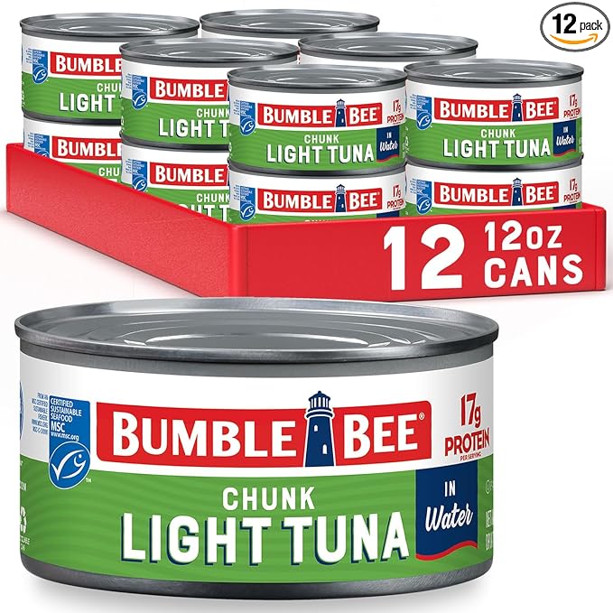 Bumble Bee Chunk Light Tuna In Water, 12 oz Can (Pack of 12) - Wild Caught Skipjack Tuna - 17g Protein Per Serving - MSC C...