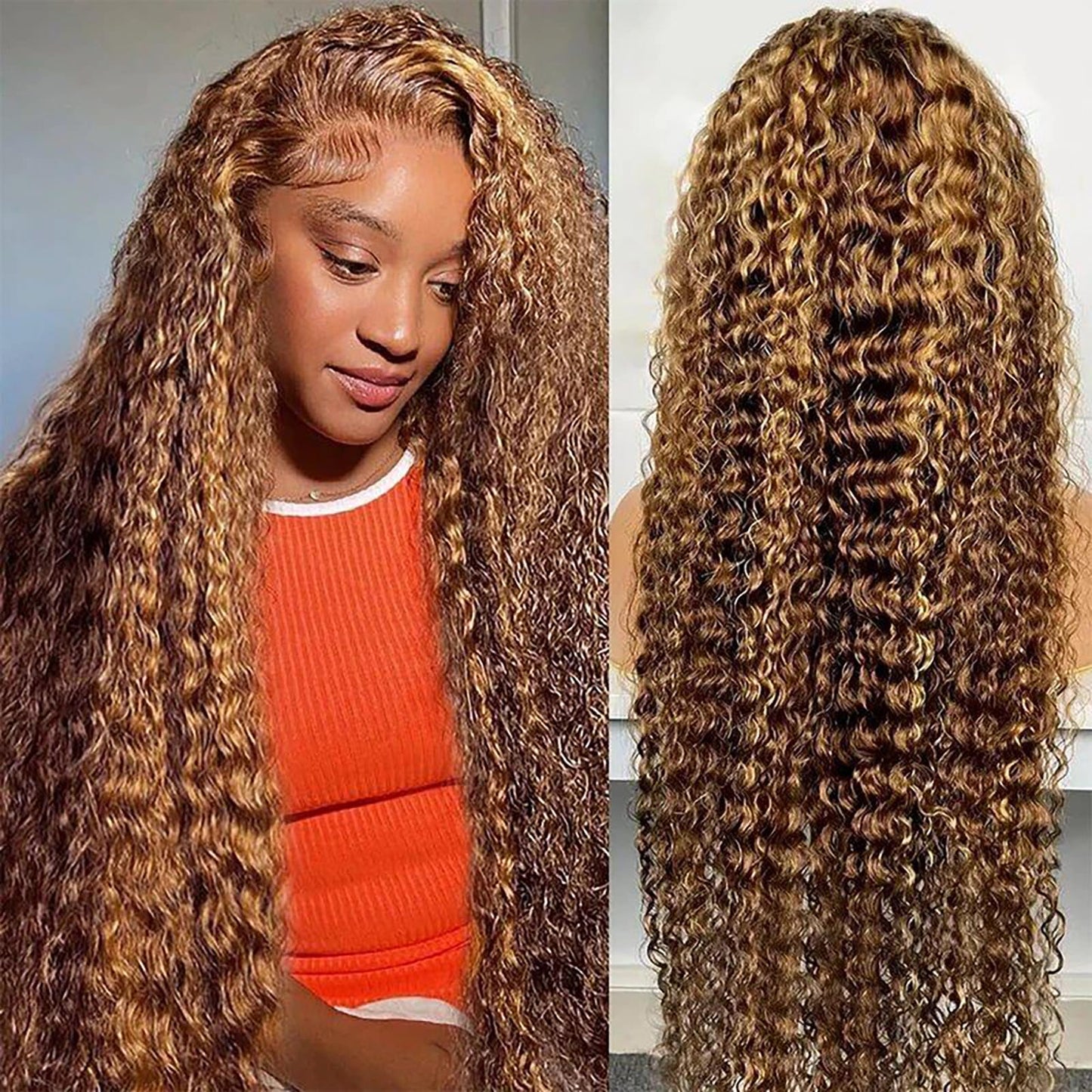 34 Inch Highlight Ombre Lace Front Wig Human Hair 13x6 HD Honey Blonde 4/27 Deep Wave Lace Front Wigs Human Hair 200% Density Co