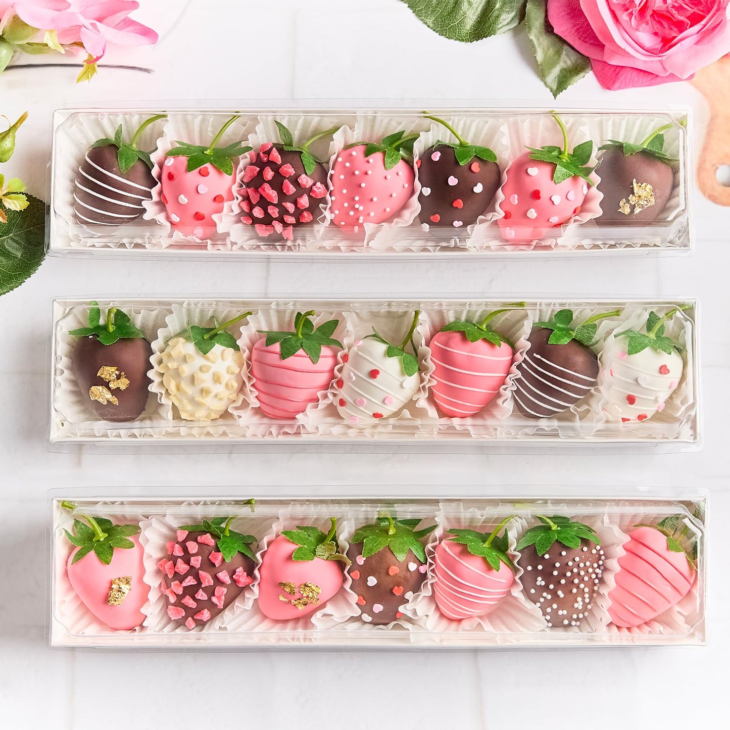 Kucoele 50 Pack Strawberry Boxes with Clear Lids, Disposable Macaron Boxes To Go Dessert Containers for Packaging Chocolate Covered Strawberries, Cookies, Cocoa Bombs, Truffles