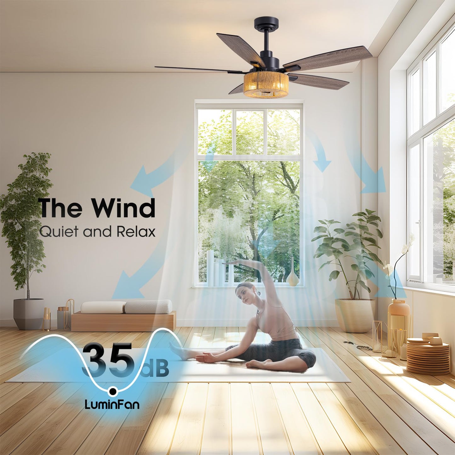 Luminfan 46 Inch Boho Black Hemp Ceiling Fans With Lights And Remote Control, Farmhouse Caged Rattan Ceiling Fan For Dining Room