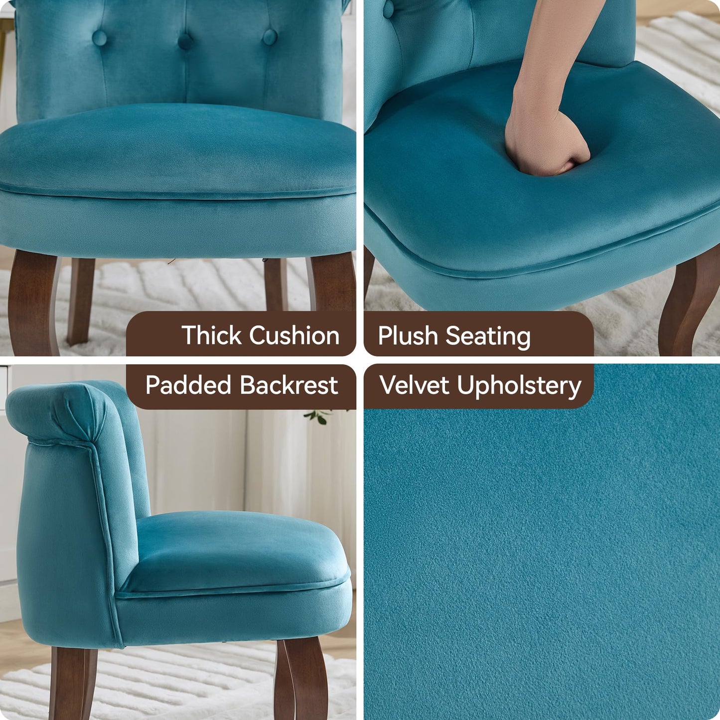 Velvet Vanity Chair with Back, Tufted Upholstered Vanity Stool with Solid Wood Legs, Mid Century Small Makeup Chair for Vanity, Accent Chair for Bedroom, Living Room, Teal