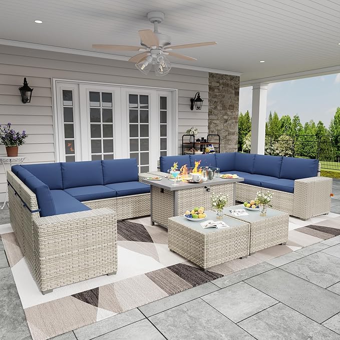 Broivira 13 Piece Patio Furniture Set with 50,000 BTU Rattan Fire Pit Table That Converts to Coffee Table, 9.8" Wide Arm Sectional Sofa with Storage Armrests, Outdoor Rattan Conversation Set, Blue