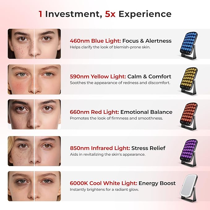 Red Light Therapy Panel, 460/590/660/850nm 4-Color Light Mode, 120 LEDs Facial Infrared Light Therapy Devices with Lighted Makeup Mirror, Timer, Portable Red Light Therapy for Face, Body, Pain Relief