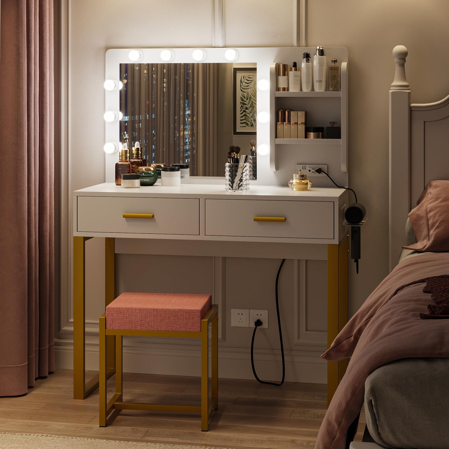 Morwdxef Makeup Vanity Desk with Power Outlet,Mirror and Lights,Makeup Vanity Table with 2 Storage Drawers and Chair Set,3 Color Modes Available