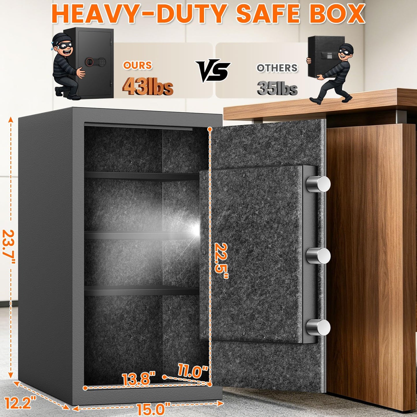 2026 35-Min 1700°F Fire Proof Safe for Home Documents, 23.7" Tall 43Lbs Fireproof Safe Box, Alarm System, LED Light, Wall Mount Fire Safe for Closet Bedroom, Safes for Home Use Fire Waterproof