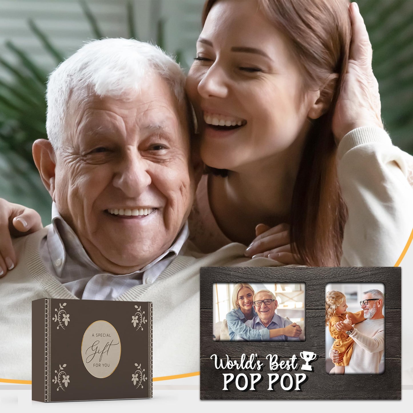 Fahters Day Pop Pop Gifts, Poppop Gifts from Grandson 3D Photo Frame Hold 4x6 Inches Two Photos, World's Best Pop Gift Gag Birthday Gift for Him from Granddaughter on Father's Day Grandparents Day
