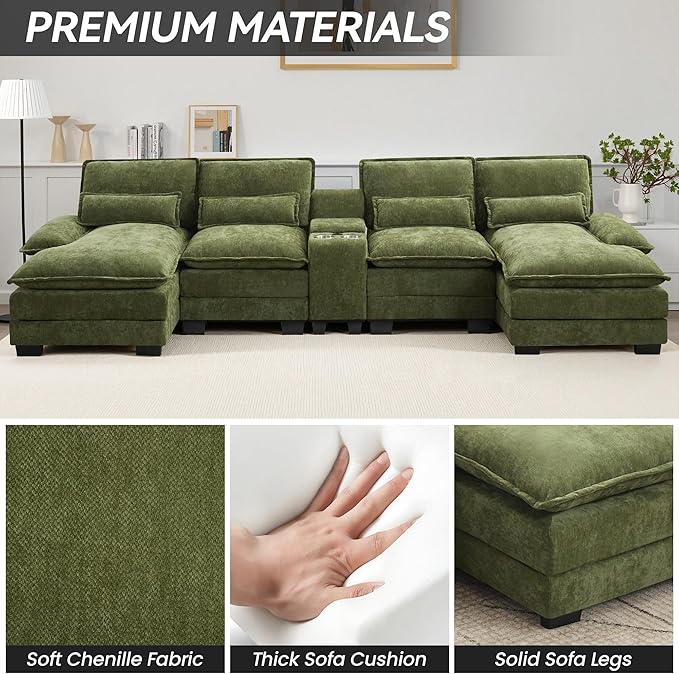125" U Shaped Cloud Modular Sectional Couch for Living Room, Small Comfy Chenille Sofa with Double Chaise Lounge, Storage Central Console, Cup Holders, USB Port,Green