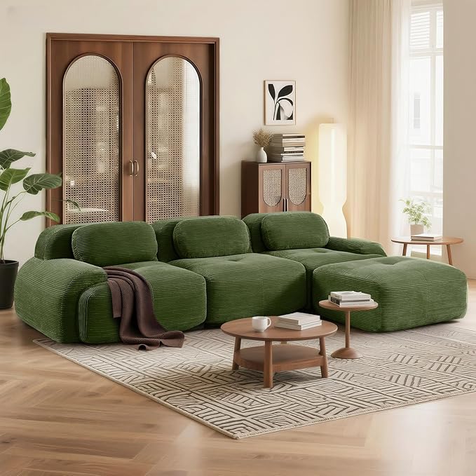 SoarFlash 117" Modern L-Shaped Modular Sectional Sofa for Living Room, Corduroy Upholstery Oversized 3-Seater Couch with Deep Seat and Movable Ottoman-No Assembly, Green