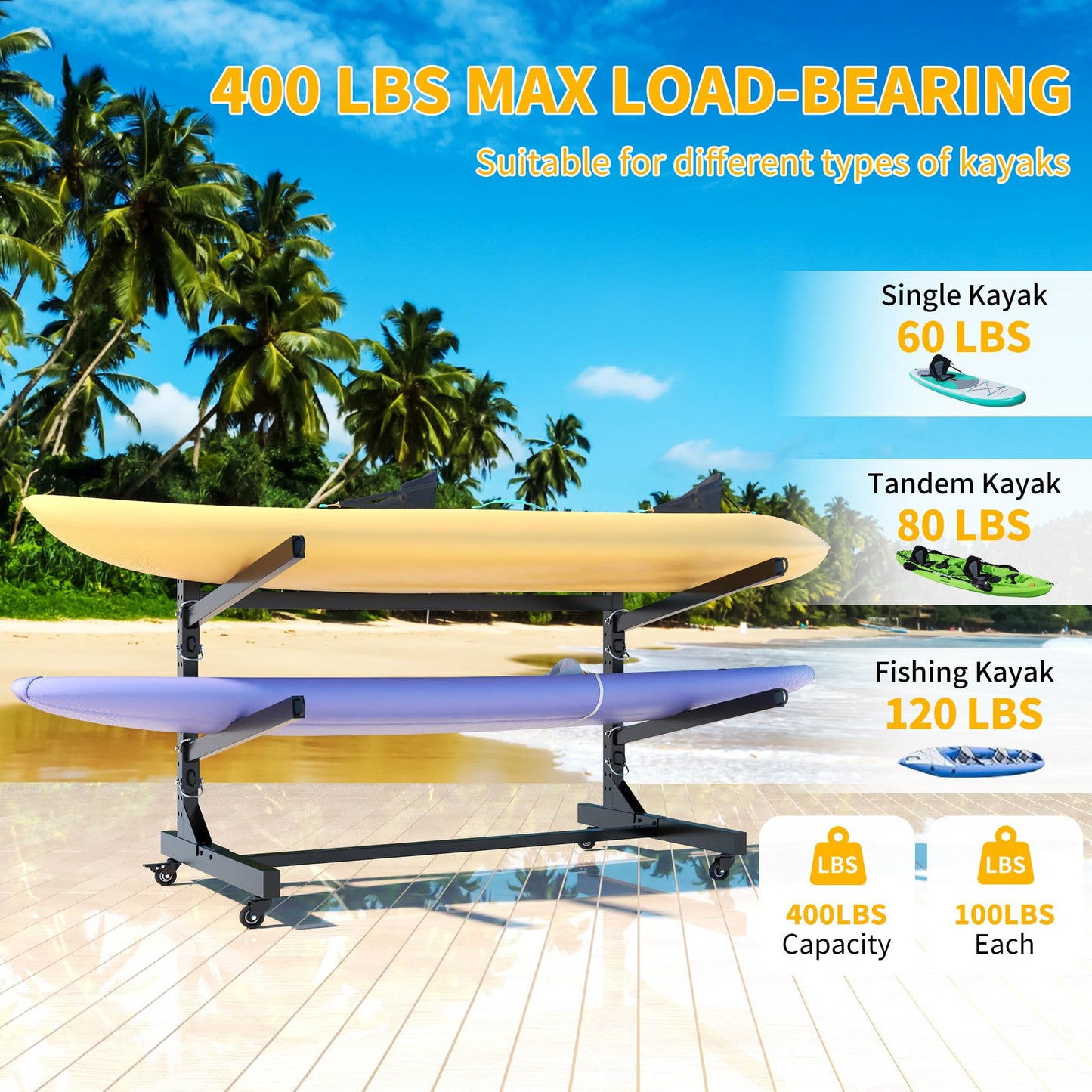Reegangfa Freestanding Kayak Storage Rack, 2-Capacity Heavy Duty Metal Kayak Stand for Outdoor and Indoor, Adjustable Kayak Holder with Wheels, Canoe Rack for SUP, Sled, Paddle Board, Surfboard,Garage