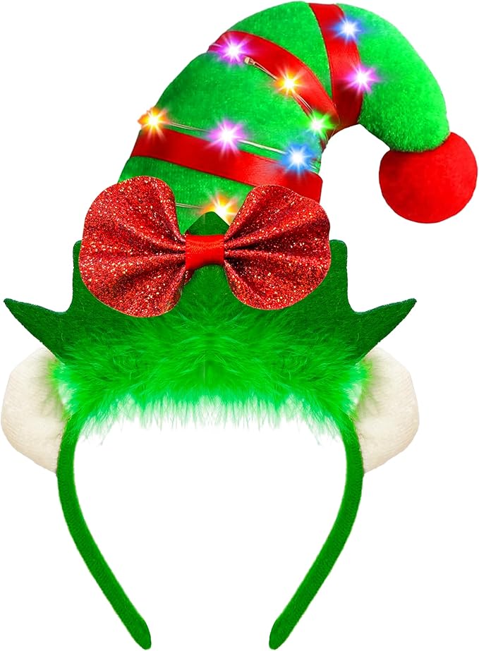 Dkomekii Christmas Elf Headband Light Up LED Elf Hat Headband Glowing with Ears for Xmas Costume Party