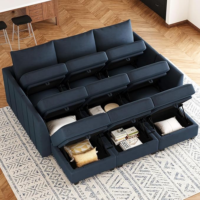 Belffin Modular Sectional Sofa Bed with Storage, 9-Seater Velvet Reversible Sleeper Couch for Living Room, Blue
