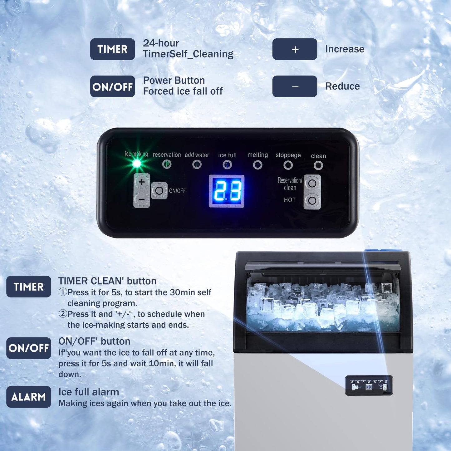 Commercial Ice Maker Machine, 120LBS/24H Undercounter Stainless Steel Ice Maker with Dual Inlet, 33LB Storage Capacity, Standalone Ice Maker for Bar, Restaurant, Home Kitchen