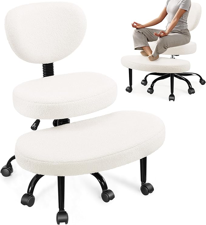 Ergonomic Cross Legged Office Chair with Wheels - Adjustable Height for Meditation, ADHD Desk & Yoga - Wide Criss Cross Design with Lumbar Support, Kneeling Chair - Off White