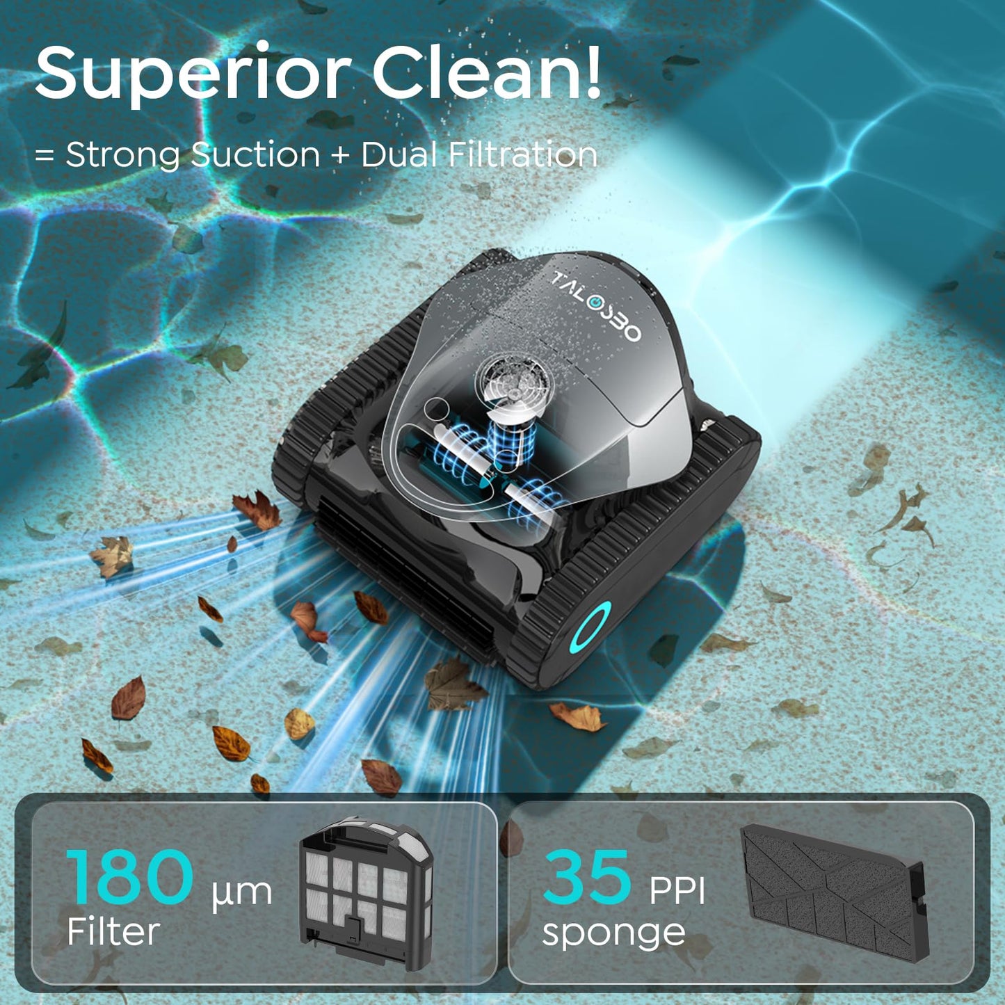 (2026 New) TALOSBO C1 Robotic Pool Cleaner, 180 Mins, Ultra-Strong Suction, Wall & Waterline Cleaning, Pool Vacuum for Inground Pools up to 1615 sq.ft, Dual Filtration, Smart Navigation, App Support