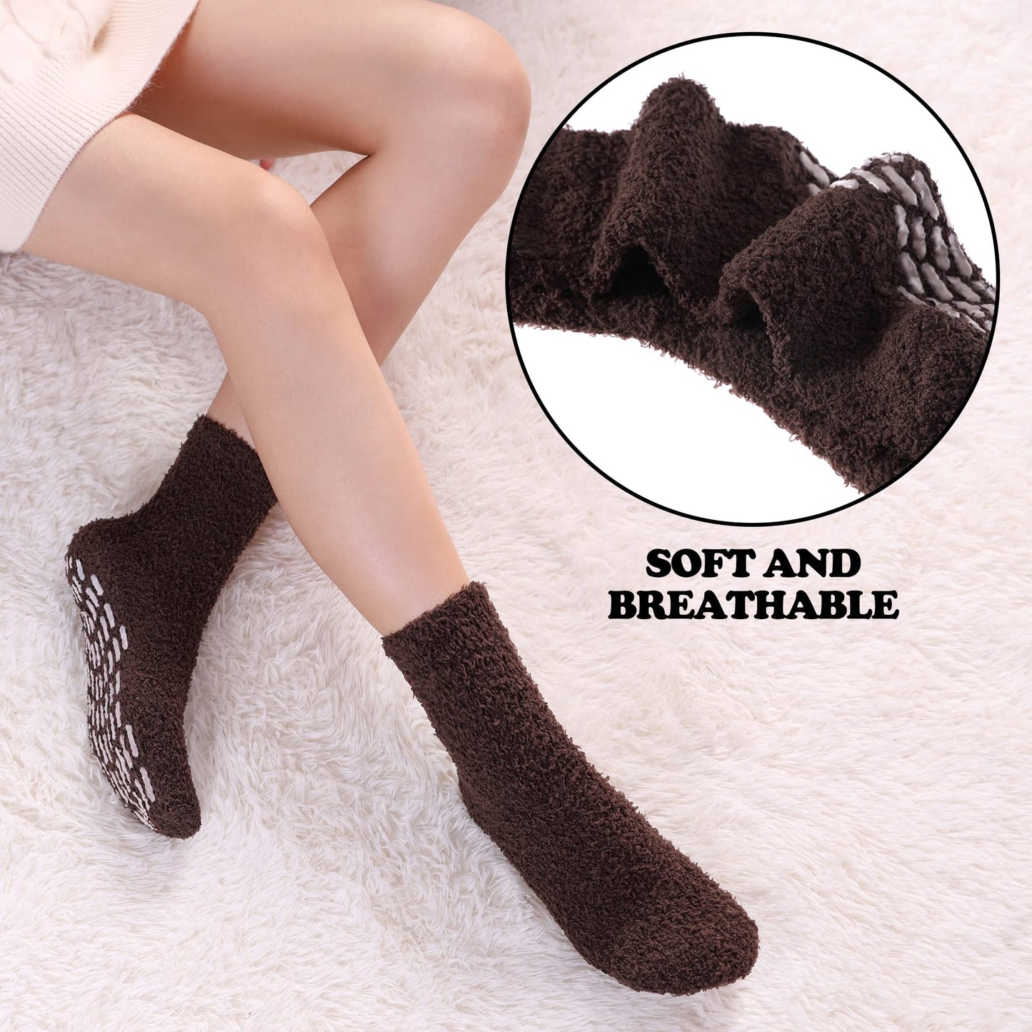 FNOVCO Non Slip Socks for Women Winter Warm Cozy Fuzzy Slipper Socks Soft Fluffy Hospital Socks with Grips (6 Pairs Classic Dark)