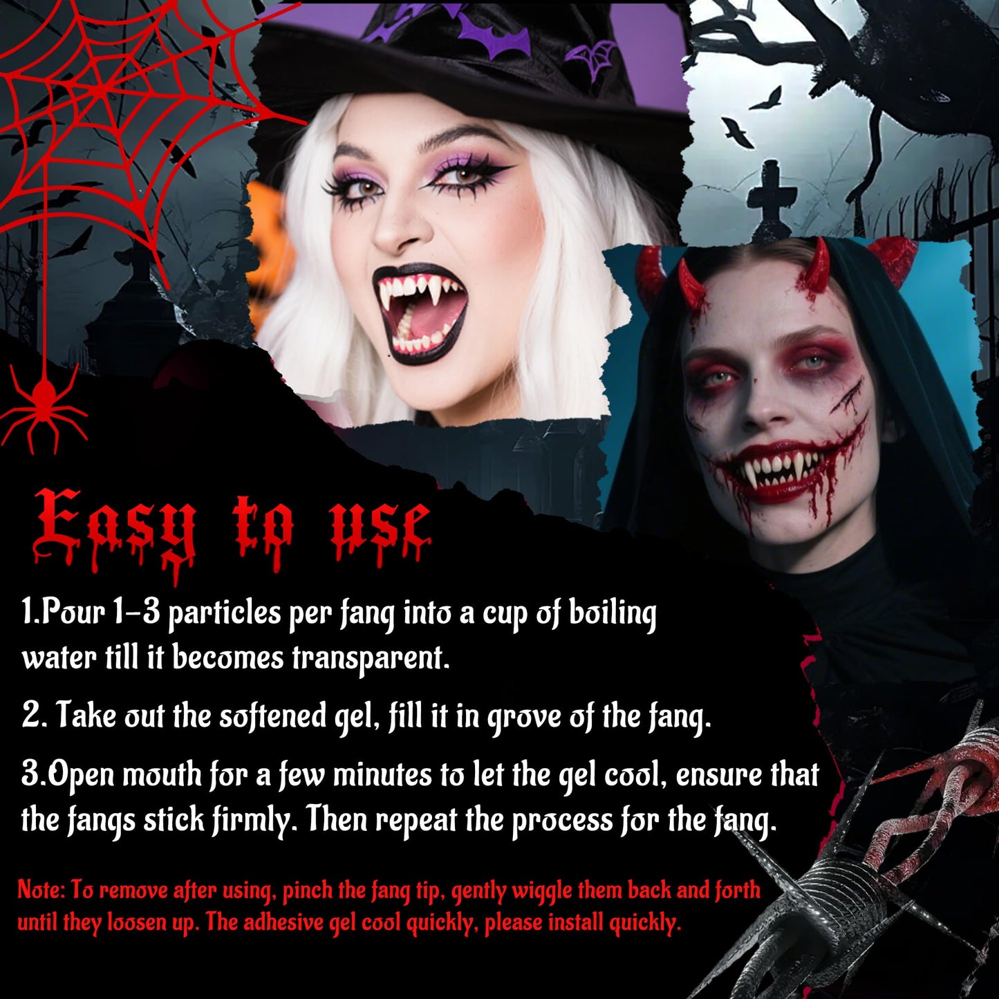 VANERIA 4 Pairs Vampire Fangs,4 Size Fangs For Cosplay Halloween with Tube Solid Adhesive,Vampire Coffin Gift Box Design,Fake Fangs Vegan/Cruelty Free