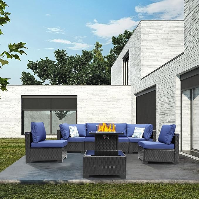 3D MATRIX 8 Pieces Patio Furniture Set with 28" Fire Pit Table, Wicker Outdoor Sectional Couch, Rattan Conversation Set for Backyard, Deck, Garden Lawn, Coffee/Blue